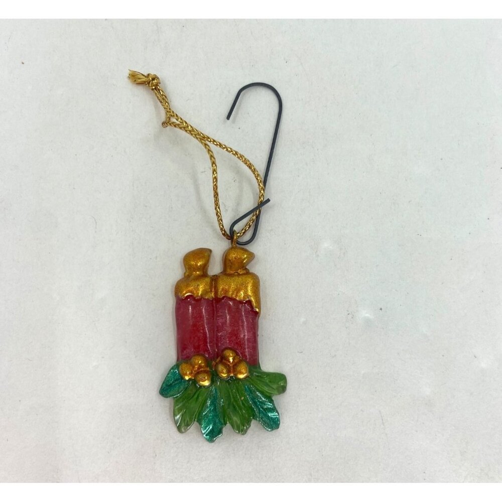Vintage Old World Small Red Candle with Green Mistletoe Christmas Ornament